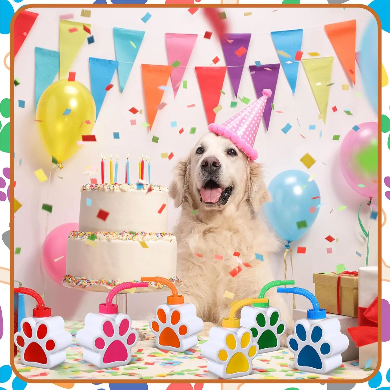 12 Pcs 10 oz Dog Paw Cups with Straw and Lid Dog Themed Party Supplies, Drinking Cup for Birthday Puppy Party Favors Decoration