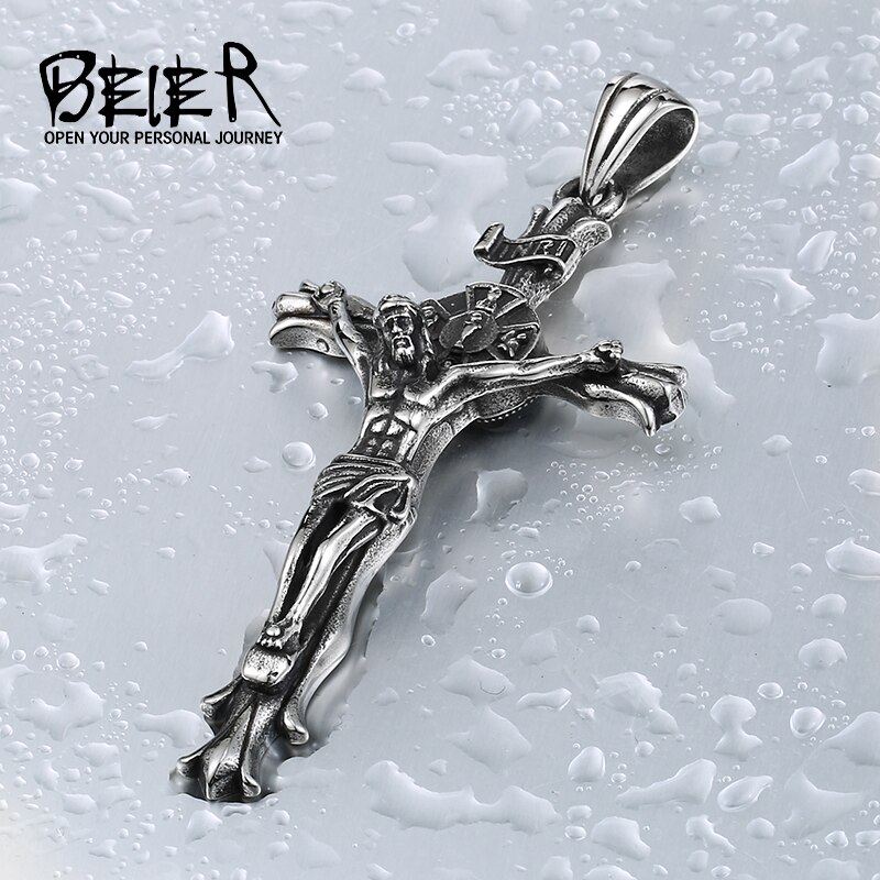 BEIER white/gold Catholic Religious Jesus Piece Cross Pendant Necklace For Men Vintage Chain Christian Jewelry BP8-188