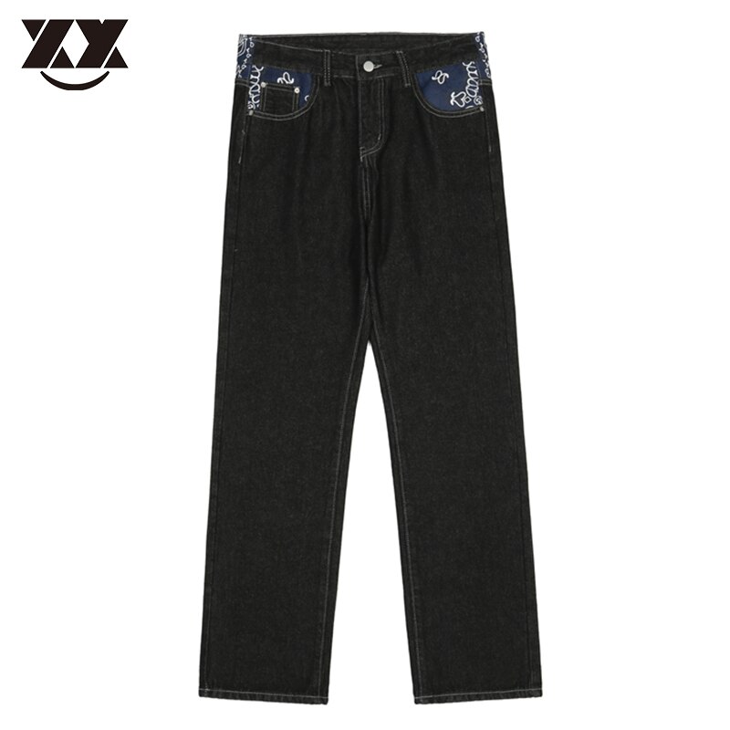 Gotiske bogstaver print jeans mænd hip hop patchwork streetwear oversized baggy jeans afslappede denim bukser løse vintage herre bukser: Sort-blå / S