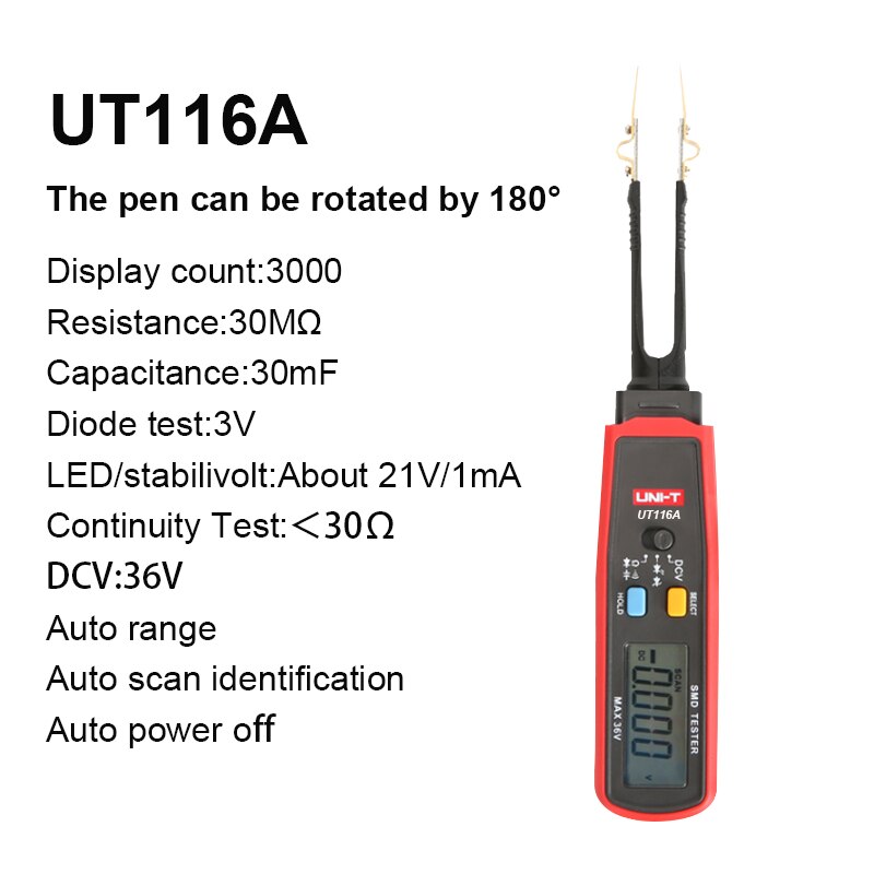 UNI-T Smd Multimeter Auto Range Weerstand Capaciteit Diode (Rcd) Led Zener Dcv Continuïteit Batterij Tester Halfgeleider Meter: UT116A