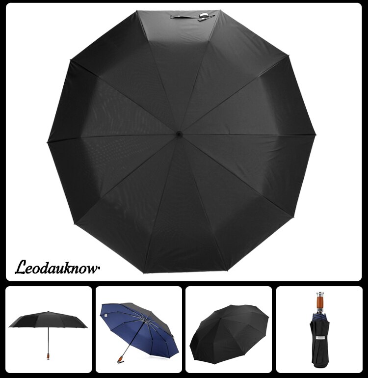 Leodauknow tre foldbare fuldautomatiske dobbeltlag paraply forretning vindtæt og uv-bevis 10k mænd solrig og regnfuld paraply: B