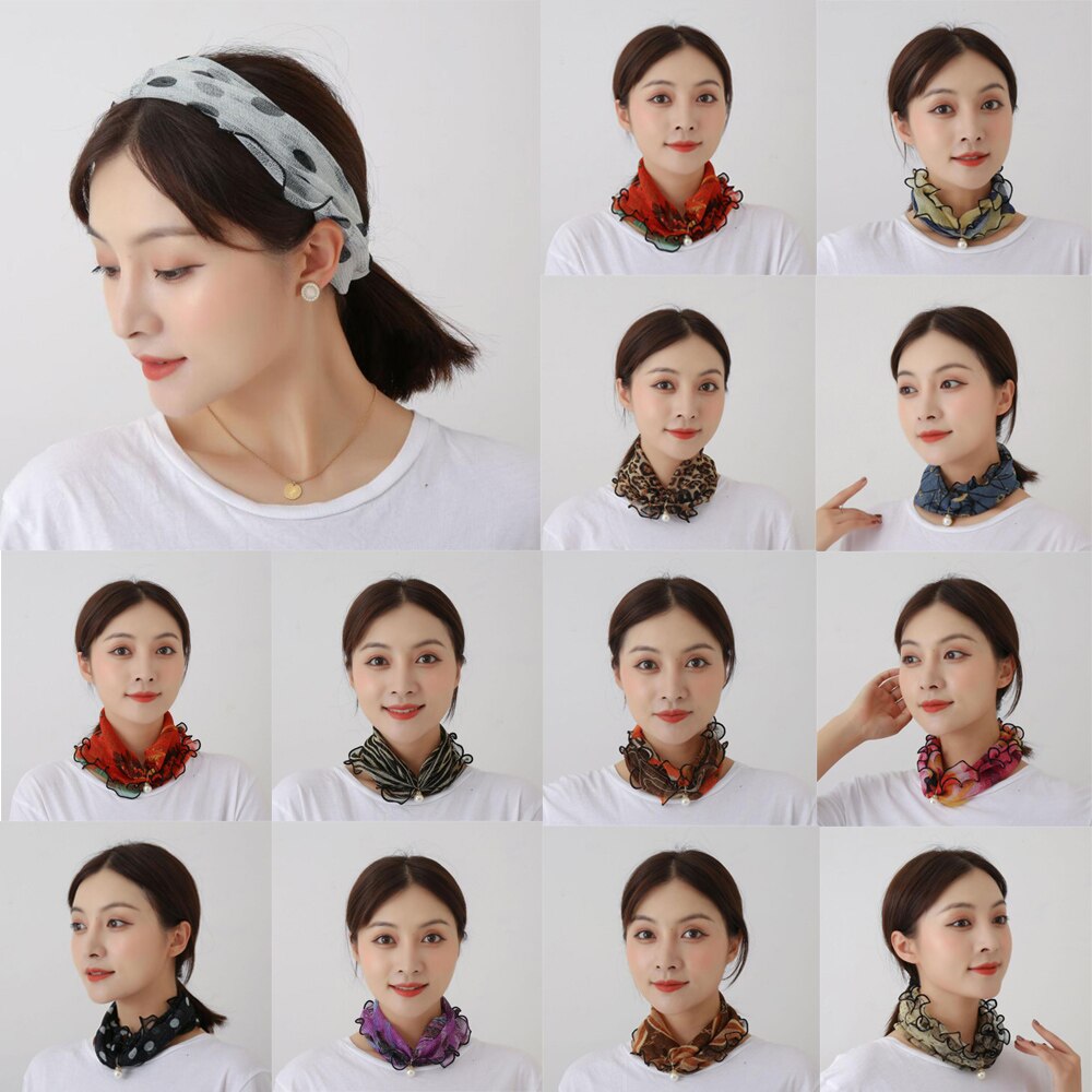 Lace Pearls Scarf Wood Ears Gold Thread Lace Variety Lady Neck Hair Chiffon Scarves Soft Spring Summer Scarf Mother's Day