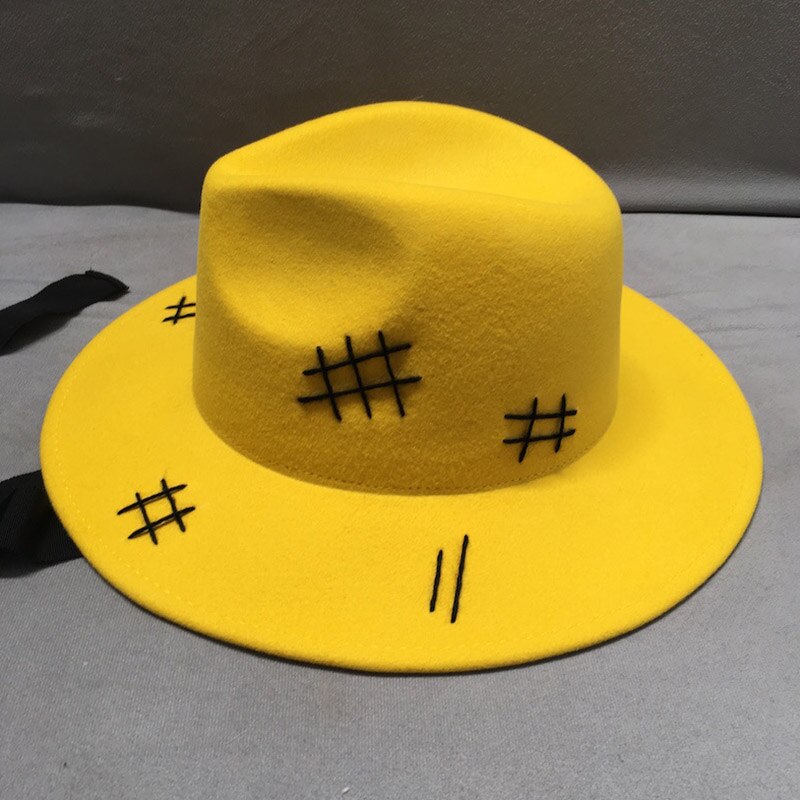 Mode Gele Wol Vilten Hoed Brede Rand Casual Black Lace Up Herfst Winter Zonnehoed Mannen Vrouwen Vilt Porkpie jazz Fedora Hoed