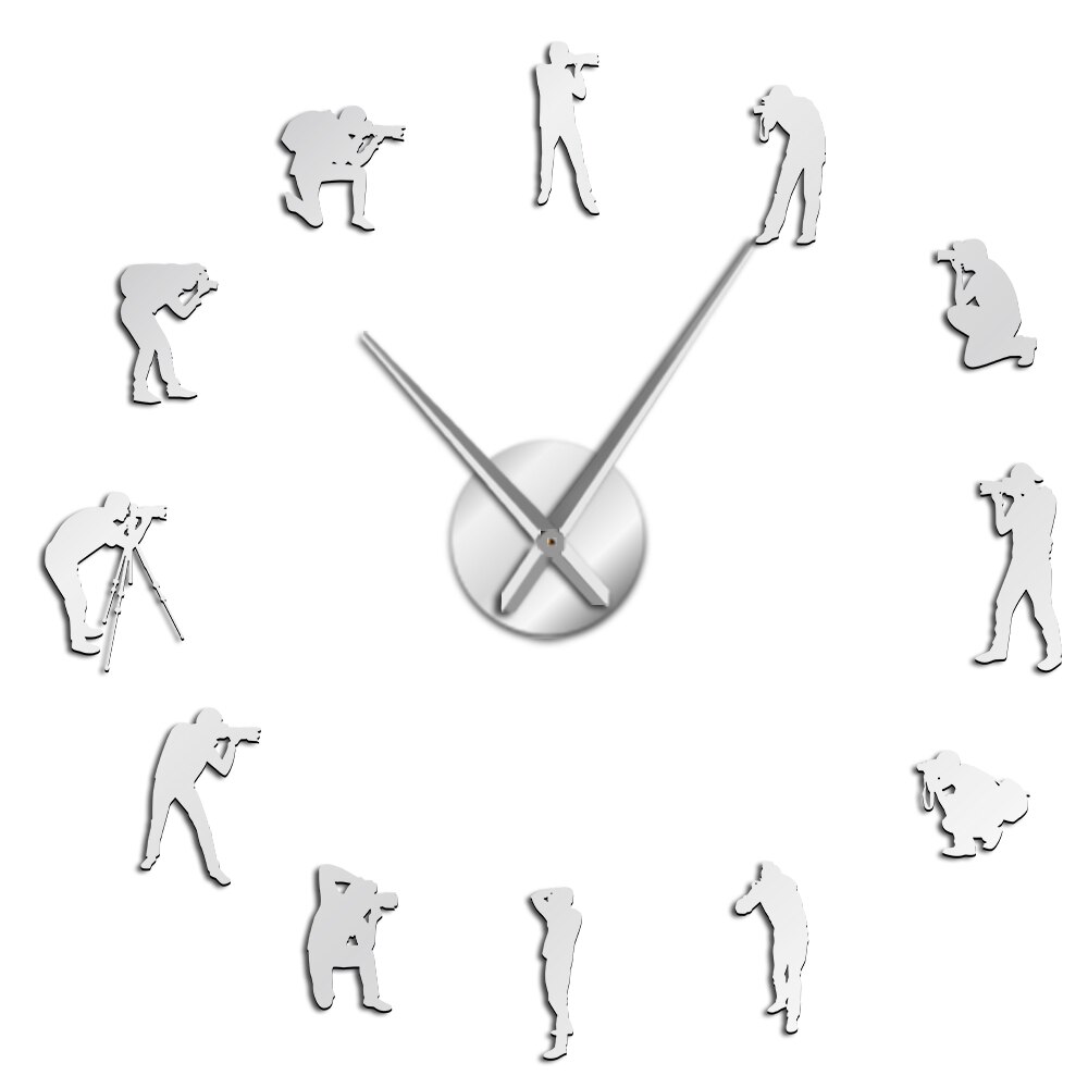 Photographers Modern Big Wall Clock Cameraman Photo Studio Room Decor Diy Acrylic Mirror Sticker Wall Watch Photography: Silver / 27 Inch