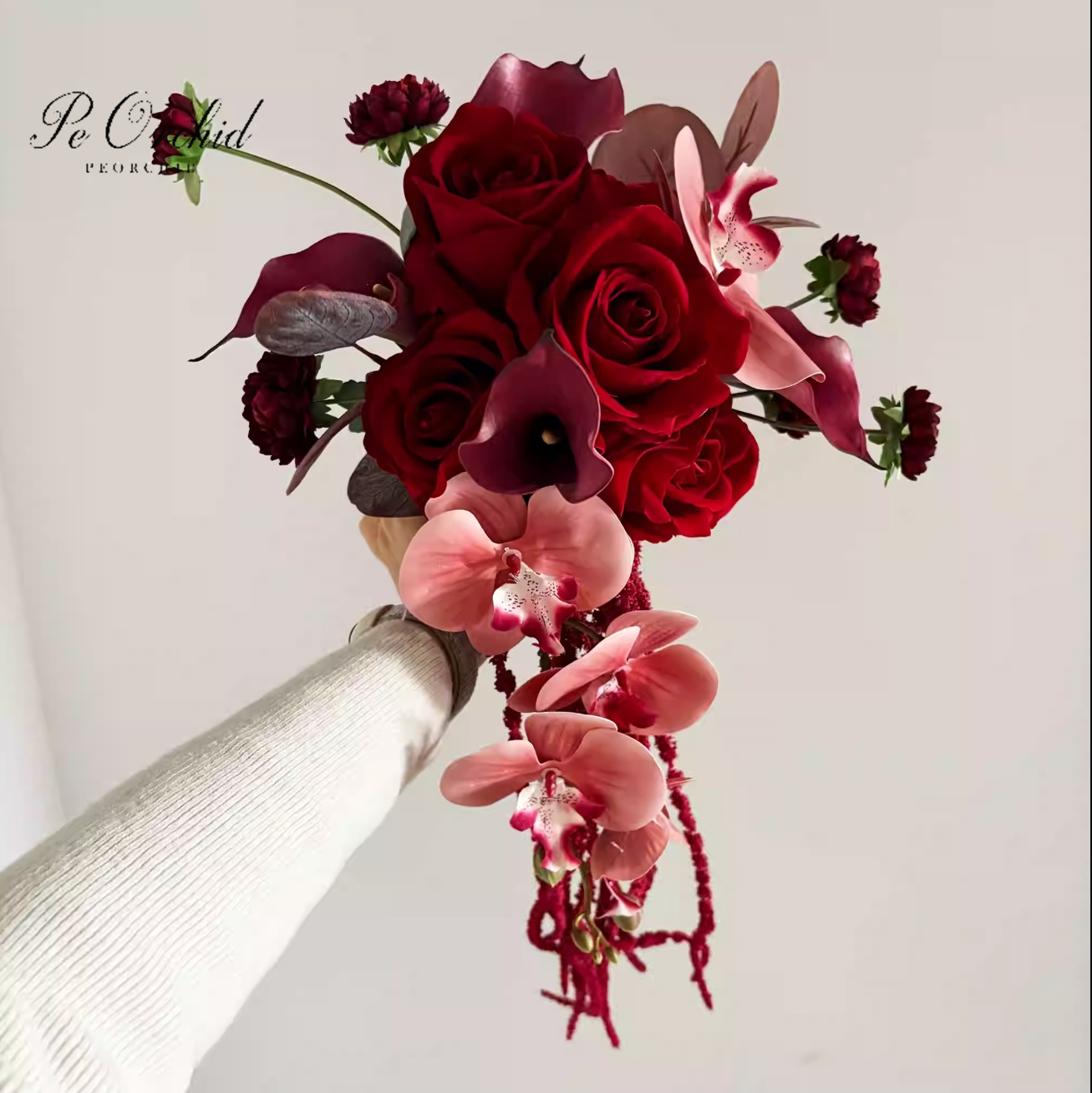 PEORCHID Kunstblumen-Hochzeitssträuße in verrotten mit Kaskadenstruktur für Brautjungfern, Ramo Novia, Orchideen und Rosen, künstlicher Blumenstrauß mit echter Haptik