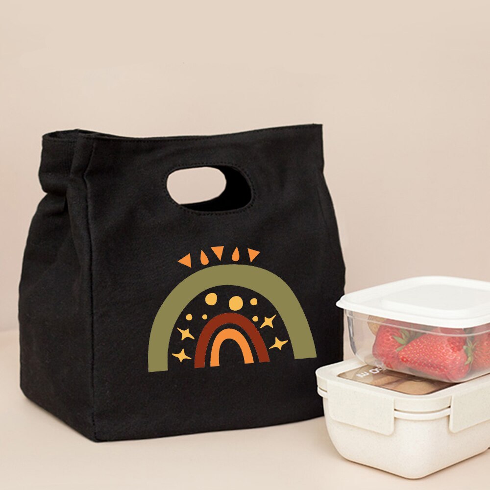 Śliczna modna tęcza drukuj czarne torby na Lunch na co dzień wielokrotnego użytku Eco termiczna torba składana torba podróżna o dużej pojemności Harajuku: Q00730-TBBK-C
