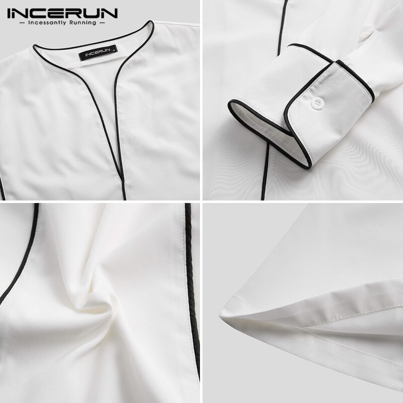 INCERUN Long Sleeve Loose Brand Shirts Men Casual Shirt Korean Chic V Neck Blouse Color-block Camisa Plus Size