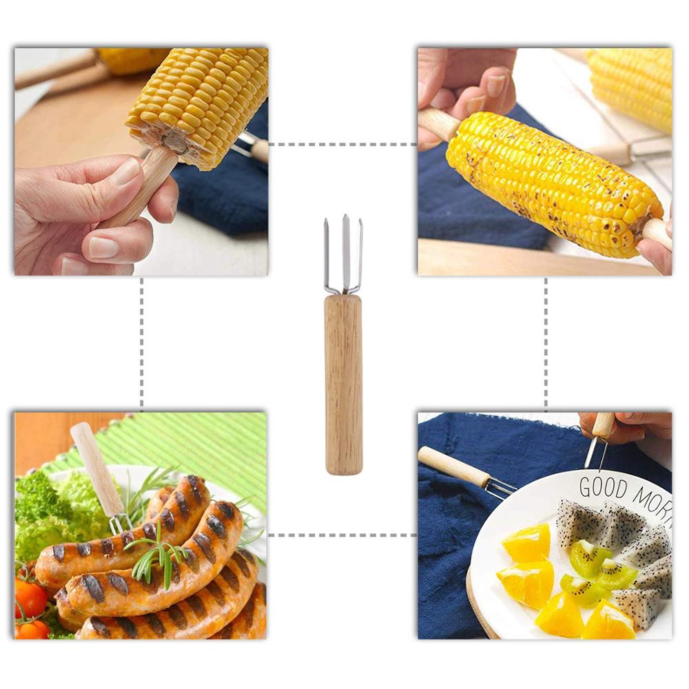 8PCS Corn Holder BBQ Stainless Steel with Oak Handle Corn on The Cob Skewers for Kids and Adults Home Cooking Barbecue