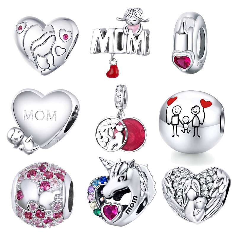 Dijes de Día de la Madre de BISAER 925 Plata de Ley Rosa zirconio mamá corazón cuentas para mujer pulsera collar joyería de la familia ECC1460