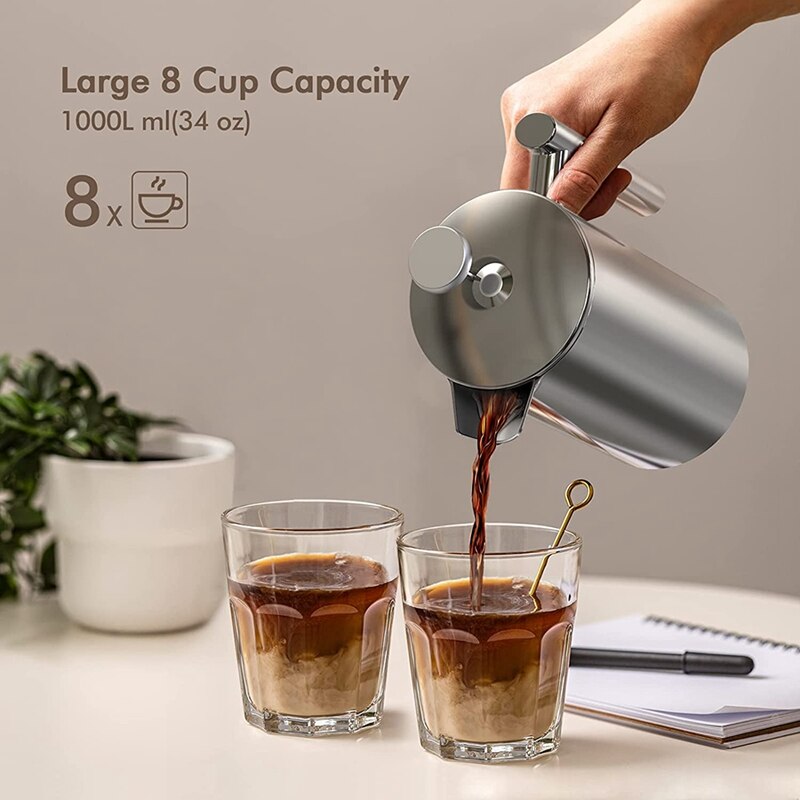 Koffie Druk 1 L /8 Cup, roestvrij Staal Franse Pers Koffiezetapparaat Dubbelwandige Isolatie Met 3-Layer Filter Systeem