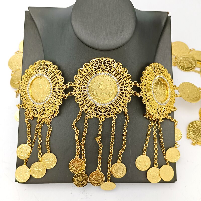 Oman Iraqi Kurdish Wedding Jewelry Set Arabic Body Chain Coin Tassel Waist Chain Turkish Coin Pendant Female Necklace