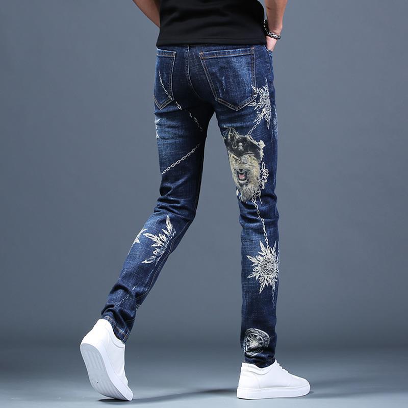 Men's printed ripped jeans stretch casual trousers autumn personality youth popular slim pants