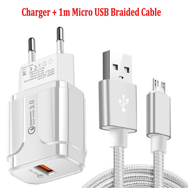 18W QC 3.0 szybkie ładowanie ue podłącz ładowarka podróżna Micro USB pleciony kabel do Samsung A10 S7 S6 krawędzi J3 J5 J7 J4 J6 + 2017 przewód danych: White Charger Cable