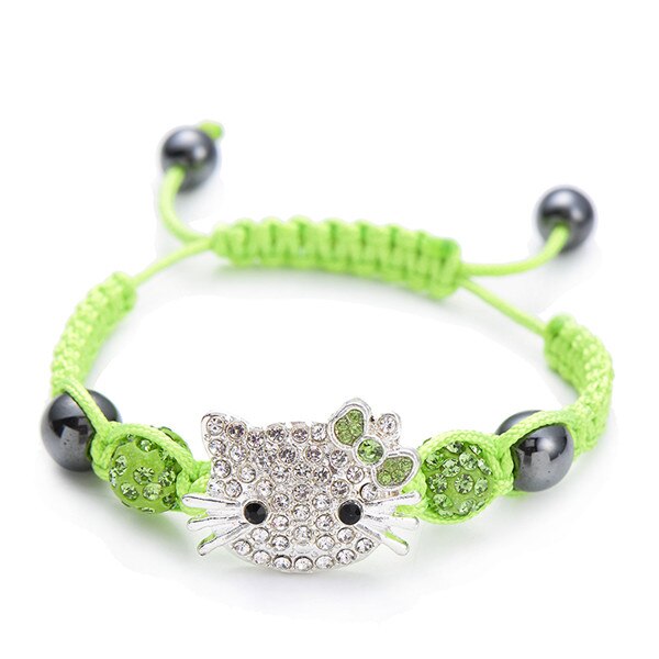 Kids Bracelet Children's Bracelet Connecte Handmade Cute Cat Bracelet for Girls Boys Crystal Beads Braid Charm Bracelets: silver green