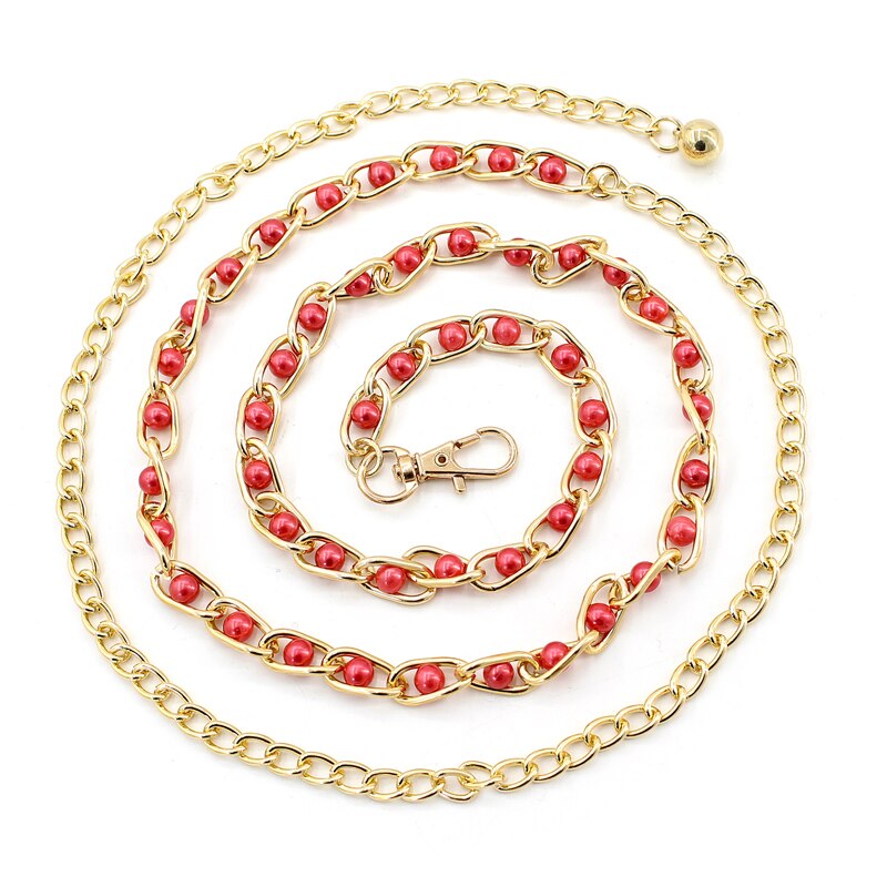Cinturón de cadena de cintura estrecha con perlas de imitación para mujer, accesorios para vestido de tirantes, 9 colores: red