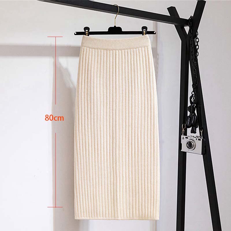Faldas de mujer de banda elástica de 60-80CM, Falda recta de punto cálida de otoño e invierno, falda negra medio larga acanalada: 80cmbeige