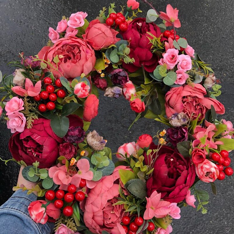 Dekorativ dørkrans, silkeblomst pæonhoved blomsterkrans 40cm håndlavet krans til efterår vinter udendørs skærm rød
