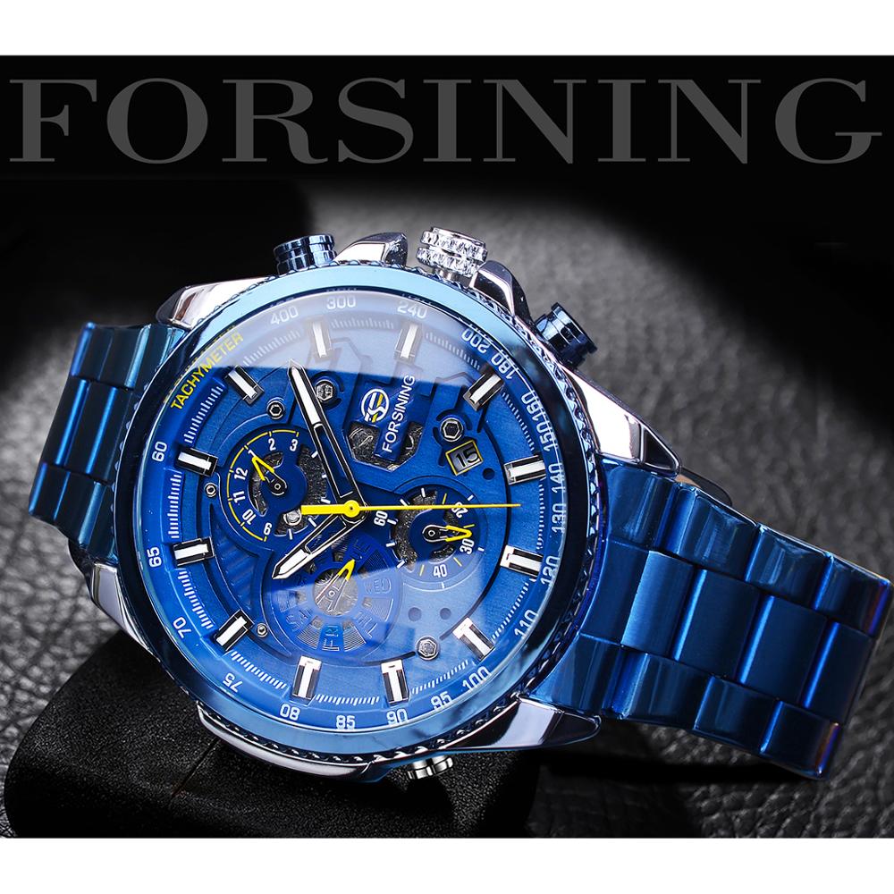 Forsining Heren Automatische Horloge Blauw Stalen Band Kalender 3 Sub Wijzerplaat Horloge Mechanische Waterdichte Mannelijke Klok Relogio Masculino