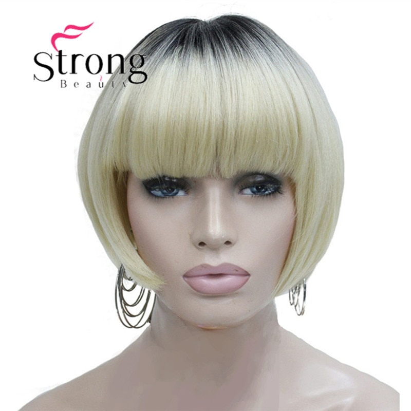 StrongBeauty Neat Bang Korte Bob stijl Pruik Blonde Ombre En donkere Wortel Synthetische Natuurlijke Volledige Pruiken
