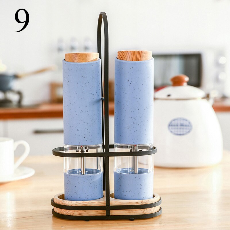 Electric Salt Pepper Grinder with LED Light Automatic Spice Mill Wheat Straw Grinders Shaker Adjustable Coarseness Ceramic Core: 2Pcs Blue with Stand