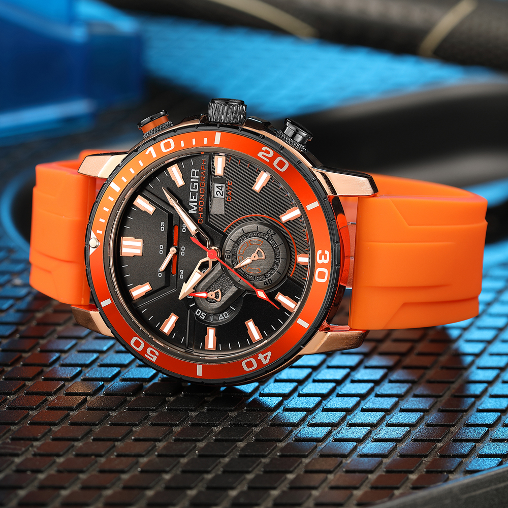Megir oranje chronograaf sporthorloge voor heren met siliconen band, waterdicht, met lichtgevende wijzers, automatische datumweergave en 24-- uurs weergave.: Oranje