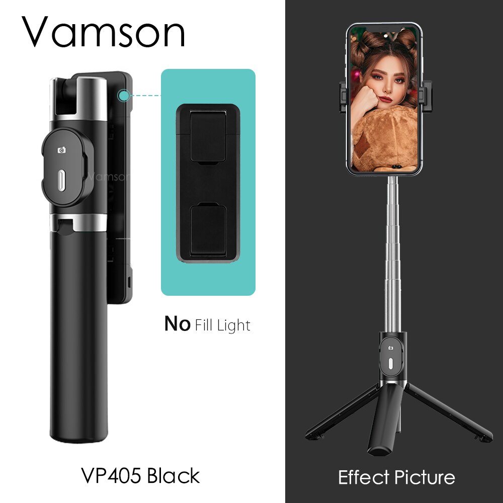 Vamson para iphone ios android tripé selfie vara com controle remoto sem fio bluetooth e 3 cores 9 modos duplo luz de preenchimento vp405: VP405 Black