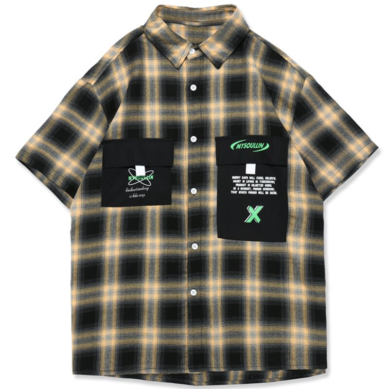 Aolamegs Shirt Men Plaid Letter Print Pockets Cargo Shirts Short Sleeve Casual Loose High Street Harajuku Cool Streetwear Summer: Yellow / Asian L