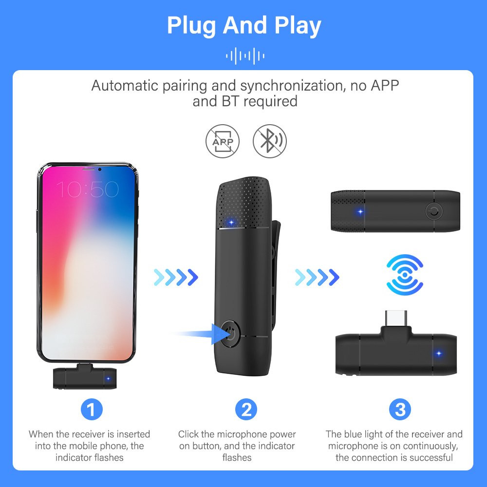 Wireless Lavalier Microphone Portable Audio Video Recording Plug-and-Play Mic For IPhone 12 13 iPad xiaomi Android Video Camera