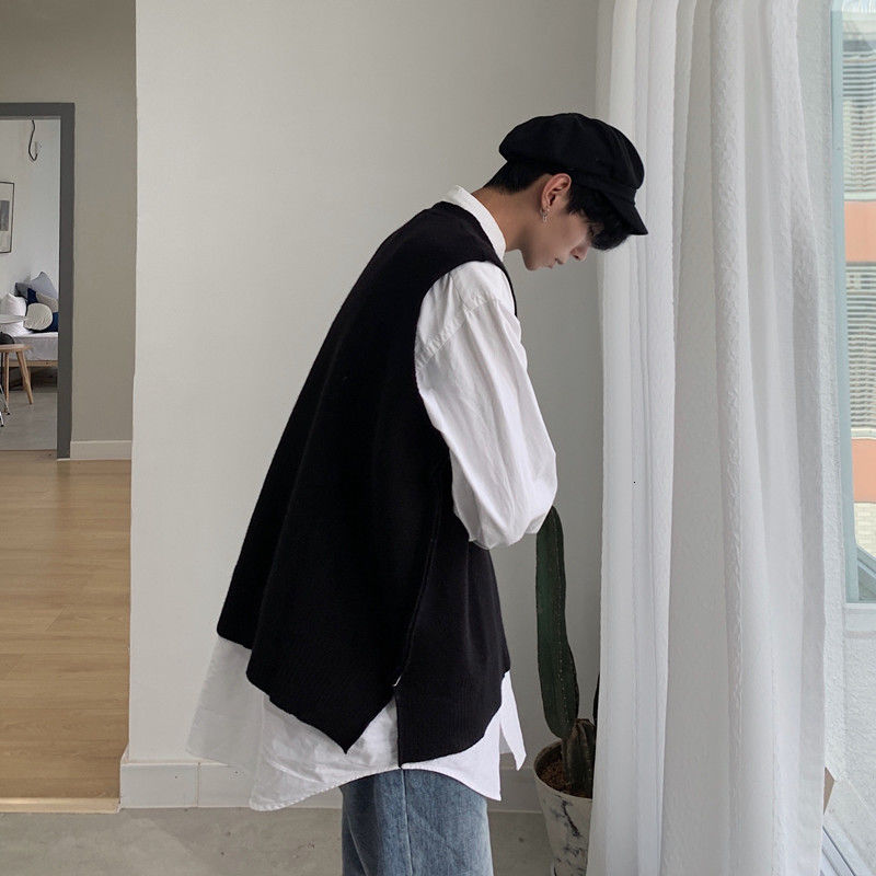 Suéter coreano de otoño para hombre, chaleco cálido de punto de Color sólido, ropa de calle para hombre, chaleco suelto salvaje, suéteres de punto para hombre: Black / Xl