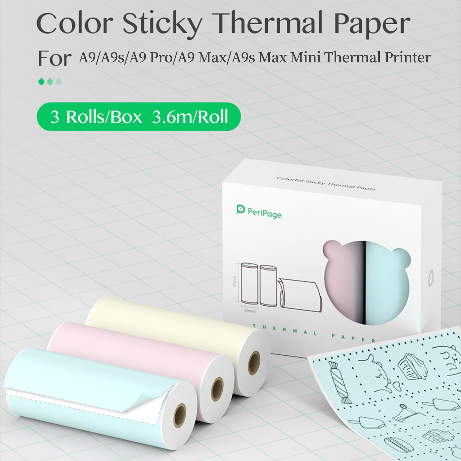 PeriPage – 3 rouleaux de papier autocollant thermique 77x30mm, papier autocollant imprimable sans BPA pour PeriPage A9/A9s/A9 Pro/A9 Max: Adhesive Paper Color