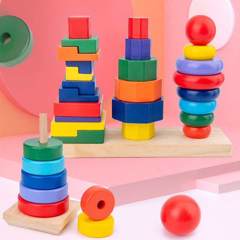 Montessori geometry set tower educazione precoce supporti didattici set di colori di blocchi di colonne giocattoli di illuminazione geometrica in legno: TZ-19