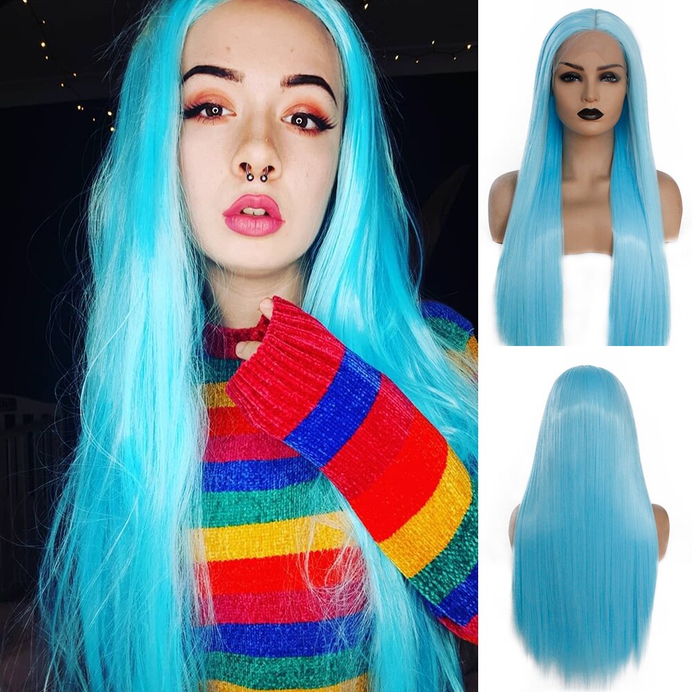 V'NICE Middle Part Light Blue Synthetic Lace Front Wig Natural Glueless Straight Cosplay Wig for Women Heat Resistant Fiber Hair