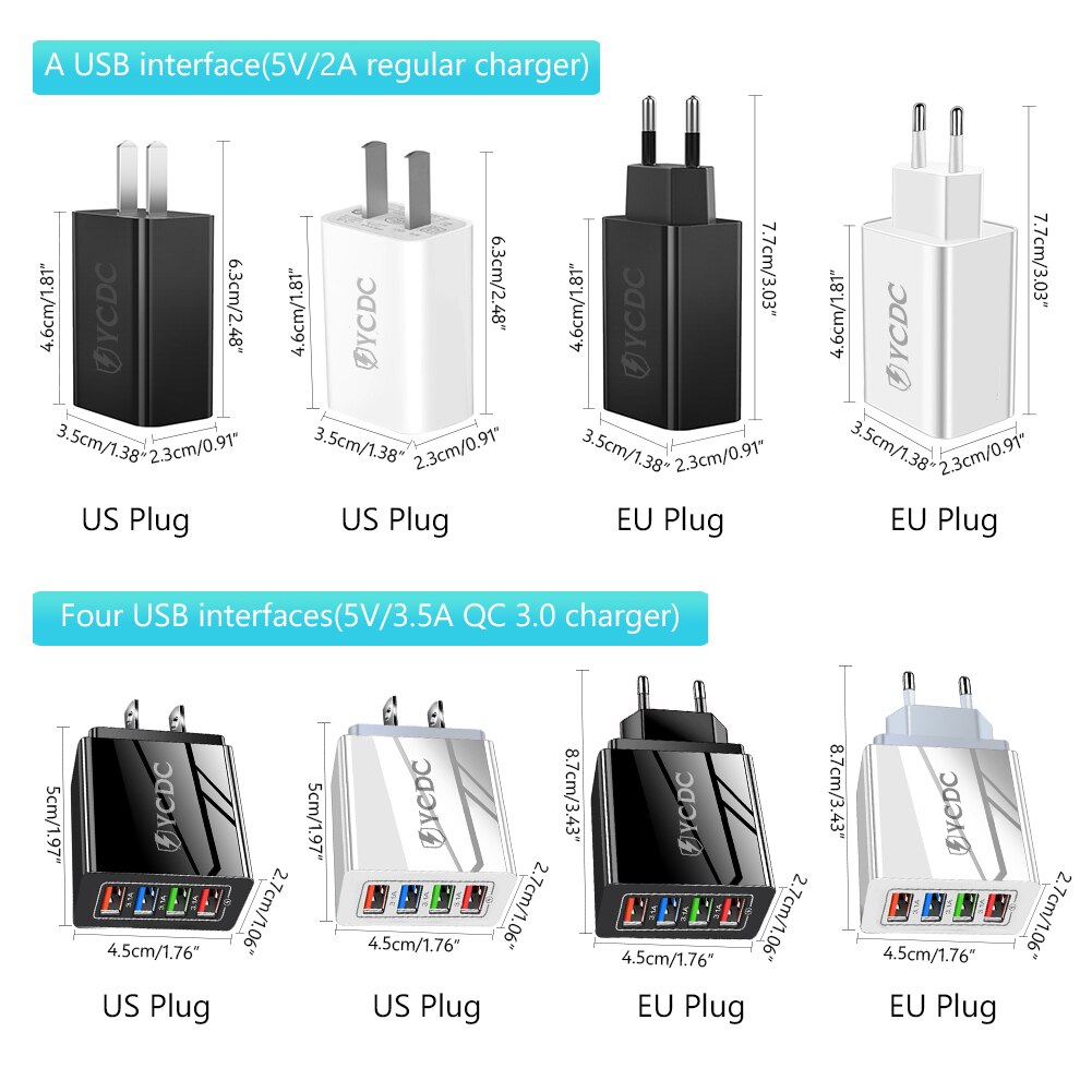 1/4 4 Ports Adapter QC 3.0 Quick Charge 3.0 USB Charger EU/US Plug Wall Mobile Phone Fast Charger Home Travel Wall Charger