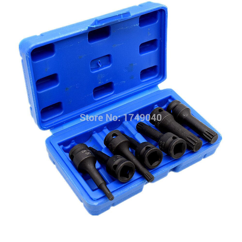 Spline bitdop 7 -delige set 3/8 " vierkante aandrijving  m5 m6 m7 m8 m10 m12 m14 cr- mo slagdop schroevendraaierbits 60mm lang met koffer