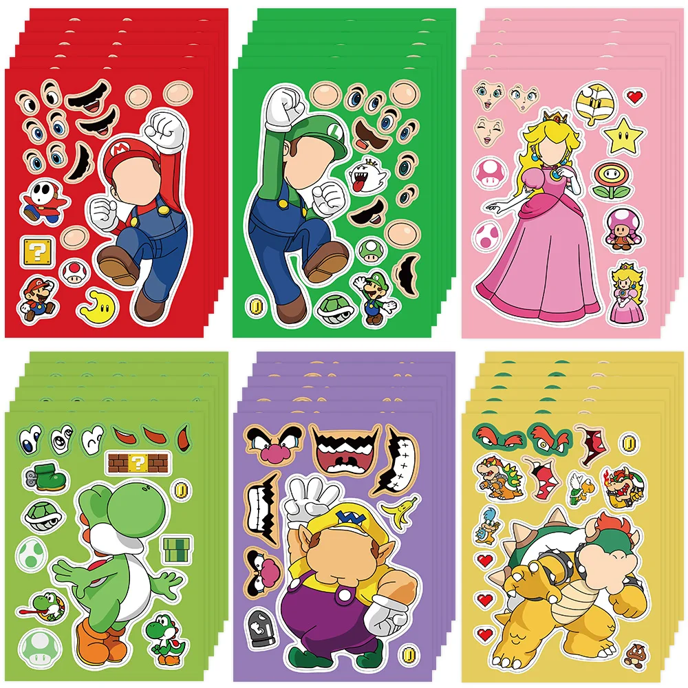 8/16 Vellen Super Mario Bros Puzzel Sticker DIY Kinderen Grappige Spelletjes Make-a-Face Monteren Decal Jigsaw sticker Kinderen Speelgoed