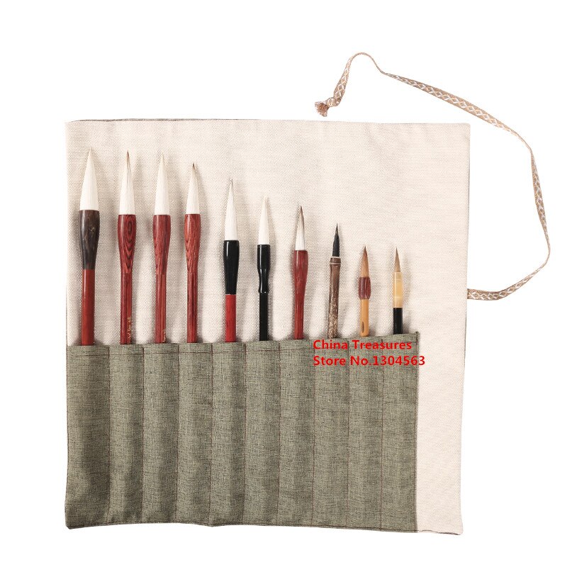Chinese canvas kwastenroller, chinese kwastenhouder, pennezak, chinees haarkwastgordijn