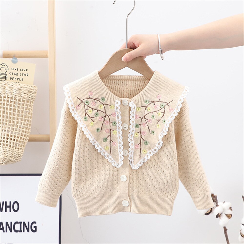 2022 menina coreano longo floral camisola da criança menina roupas de inverno menina cardigan outono outono criança roupas crianças inverno camisolas: Bege / 12 m