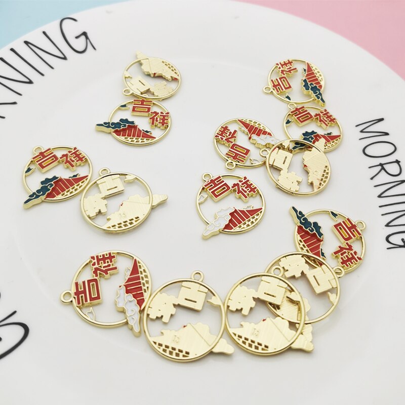 10 stück/packung chinesische emaille-anhänger, wolkentor-bilden, runde anhänger für schmuckherstellung, ohrringe, armbänder, schwebend 28*30mm