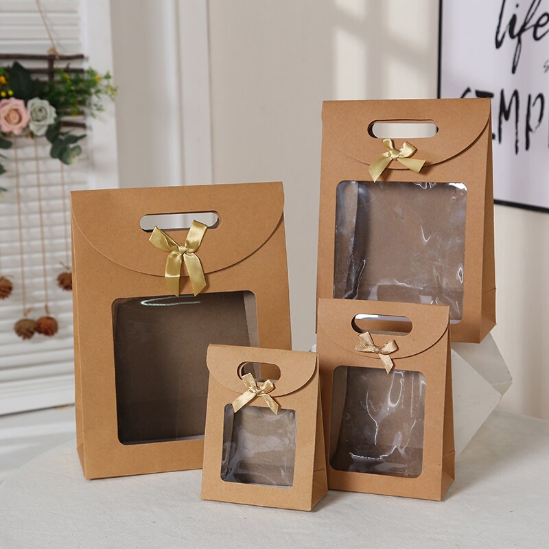 10pcs Ribbon Box Handle Hand Poket with Cover Lid Thick Kraft Window Show Decor Package Box Kraft Paper Folding Flower Bag