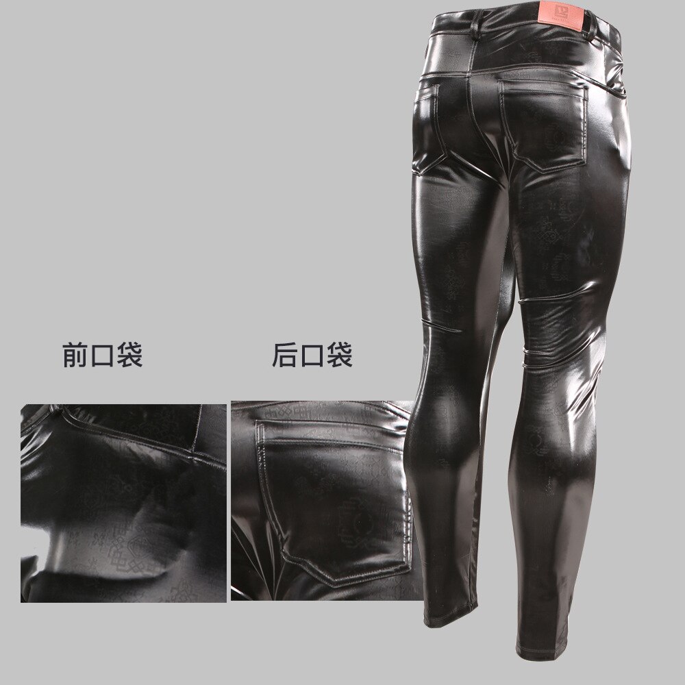 Pu imiteret læder punk pencil pants elastiske stramme bukser læderbukser mænd motorcykel konveks gaffel legging printet mønster skinny