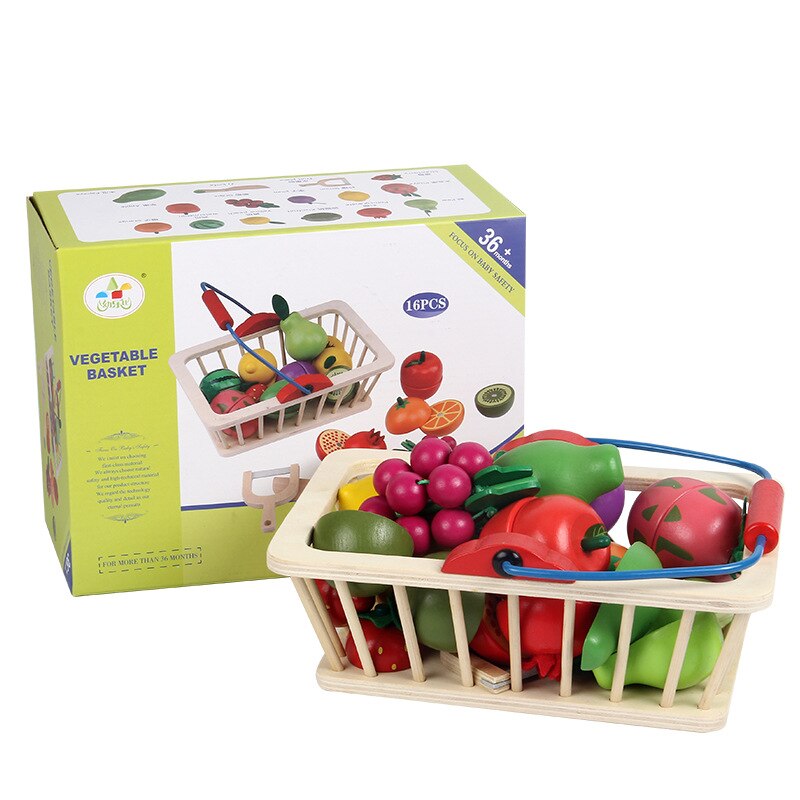 Simulation Vegetable Fruits Cutting Set Magnetic Wooden Toys For Kids Wood Tray/Basket Food Kitchen Toys Educational Kids: Fruit Basket 16 Pieces