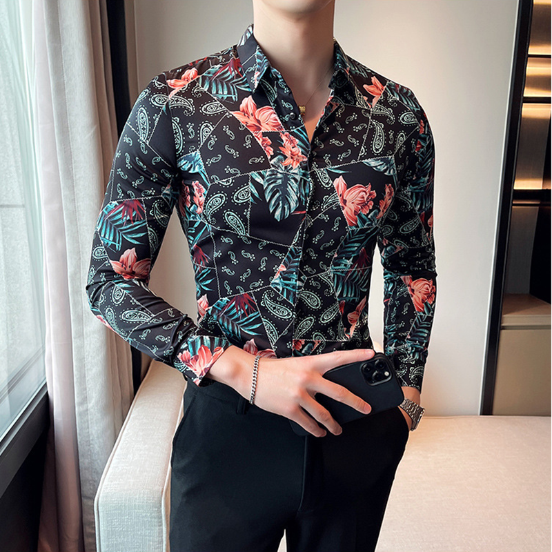 Plus Size 4XL-M Printed Shirts Brand Clothing Men Social Tuxedo Slim Long Sleeve Baroque Slim Party Shirt