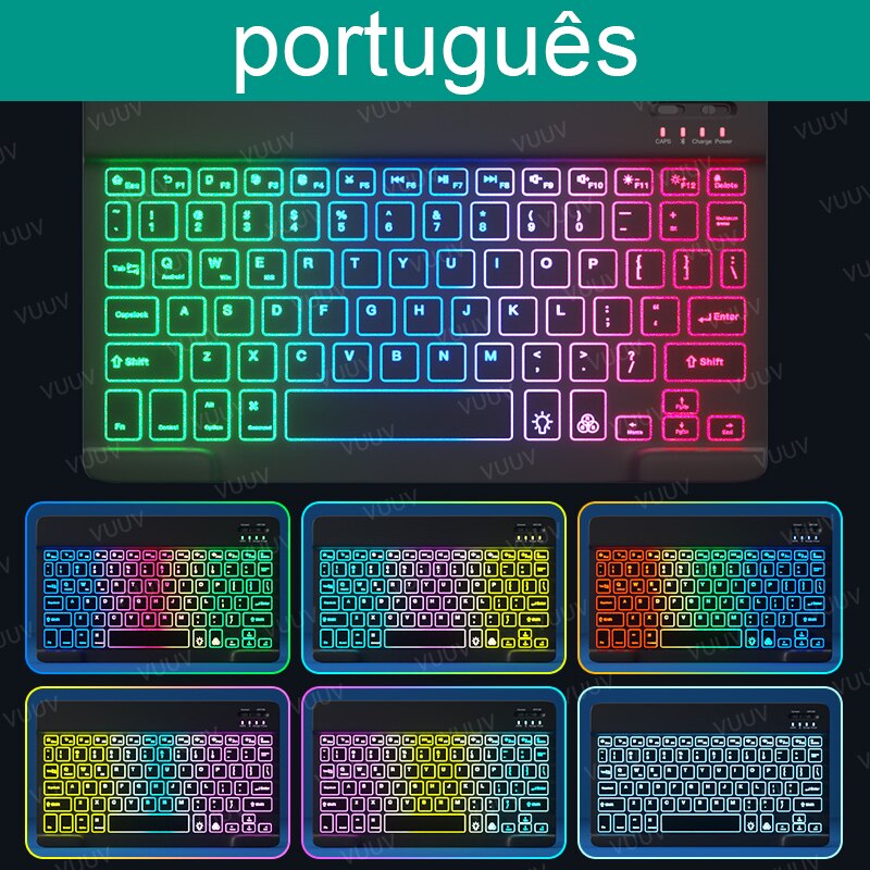 Teclado retroiluminado de arco iris para tableta, teléfono, portátil, español, ruso, portugués, inalámbrico, Bluetooth, para Xiaomi, Samsung: Black 01 Portuguese