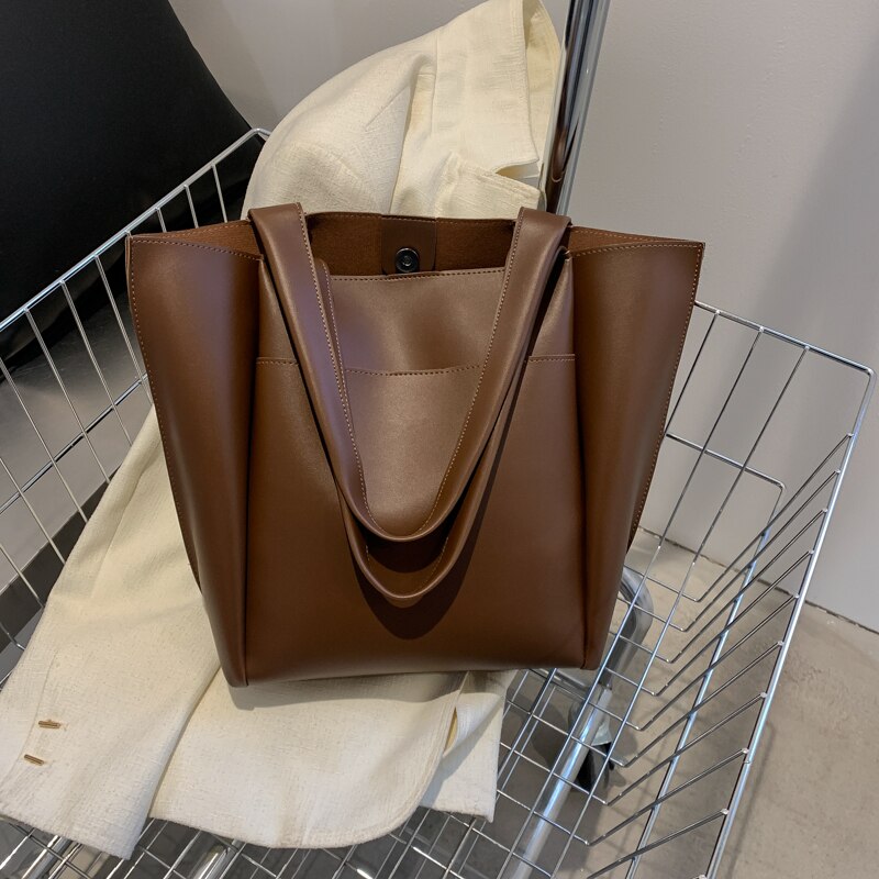 Tote casual da donna in morbida pelle di alta qualità Shopper in tinta unita Borsa a tracolla singola di grande capacità con tasca esterna: Style 2 Brown