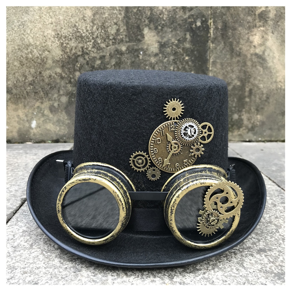 Mænd kvinder håndlavet steampunk top hat med gear briller scene magisk hat fest hat størrelse 57cm steampunk hat