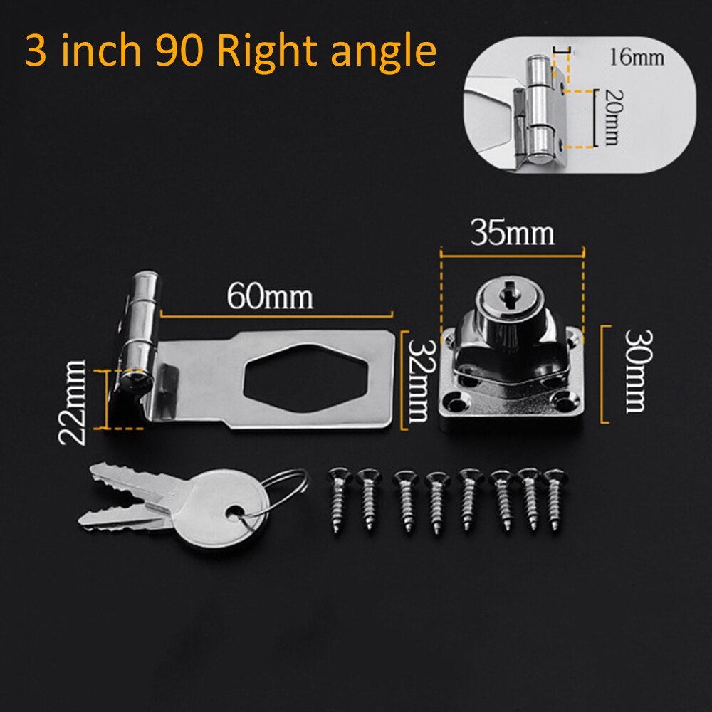 Agrafe de verrouillage à loquet avec clés, pour placard, carte de Garage, boucle de porte d'armoire, loquet pour meubles, cadenas antivol 1 jeu: 3 inch Right angle