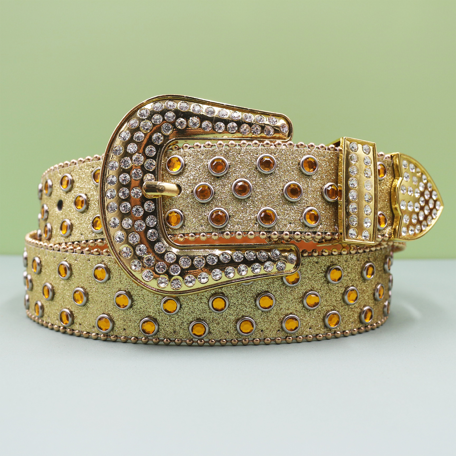 Ceinture en jean pour hommes et femmes, grande taille, en Denim occidental, à rivets brillants, en cuir, Style HipHop Punk Rock Y2K: Or / 105 CM
