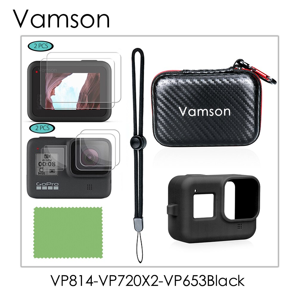 Vamson tilbehørssæt til gopro hero 8 sort bundt inkluderer sort bæretaske+skærmbeskytter i hærdet glas  vp814: Vp814-vp720 x 2-vp653