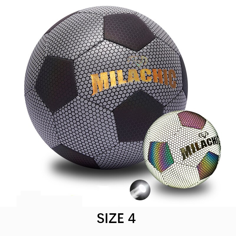 Storlek 4 5 reflekterande fotboll glödande reflekterande självlysande fotboll boll pu halkfria fotbollar glöder i mörker med bärnät