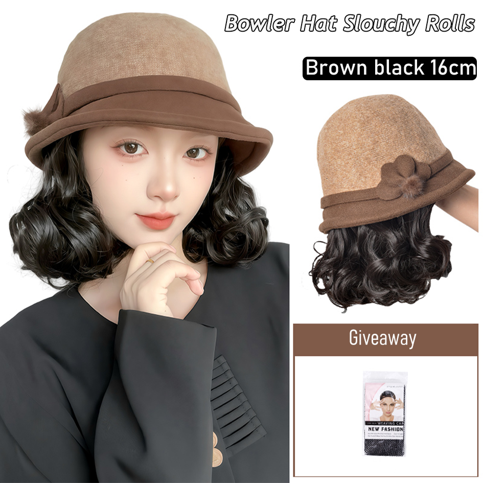 Synthetic 6inch plaid fisherman hat short curly hair wig brown princess curly roo cold warm horse roll Christmas: #1